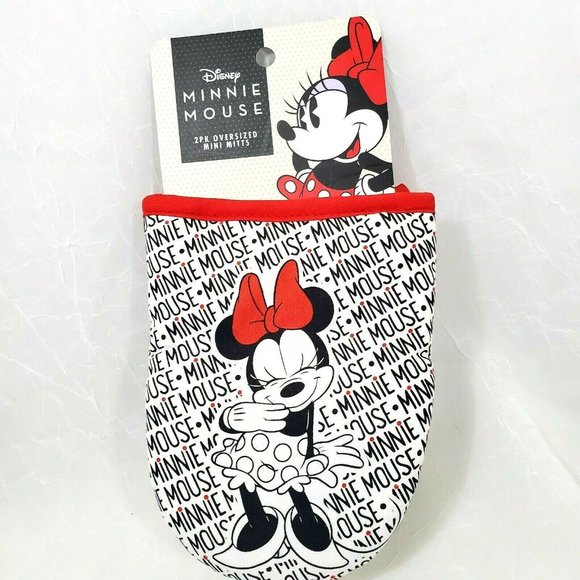 Disney Minnie Mouse Mini Oven Mitts 2pc new all over print white backing flirty - Picture 1 of 8